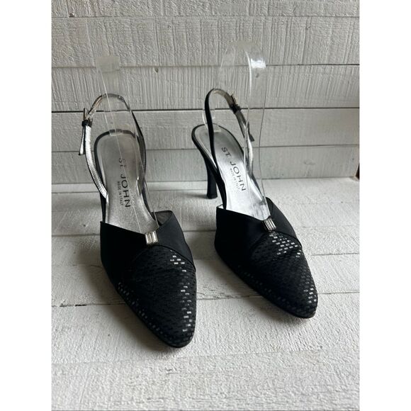 St. John Slingback Heels Women’s 8.5B Black Italy Pointed Toe Pumps Kitten Dress - Picture 1 of 10